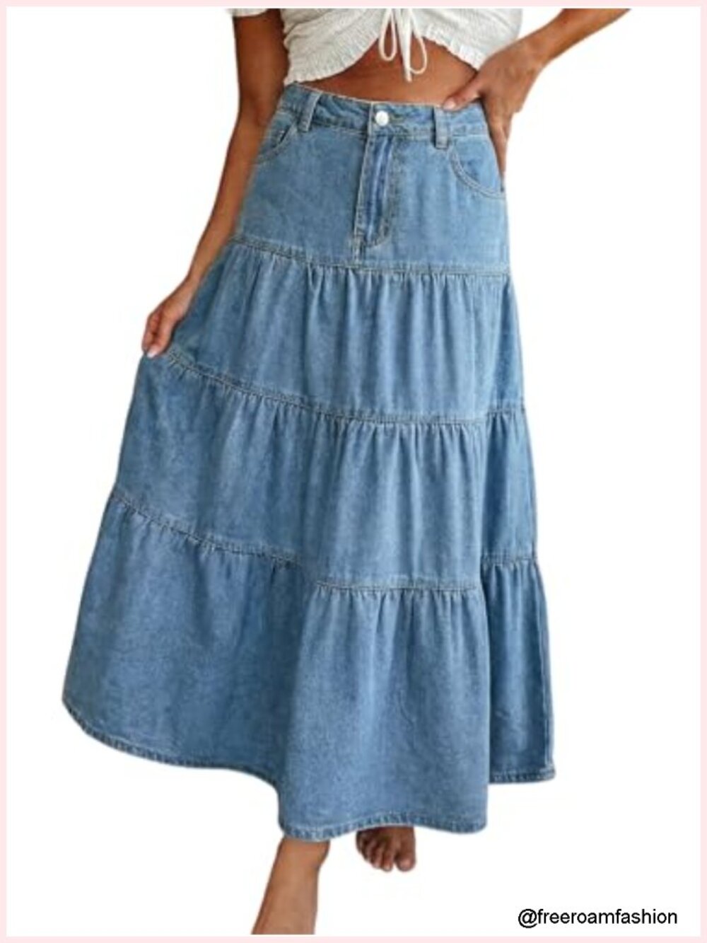 EMMIOL Long Denim Skirt - High Waisted A-Line Tiered Maxi Jean Skirt with